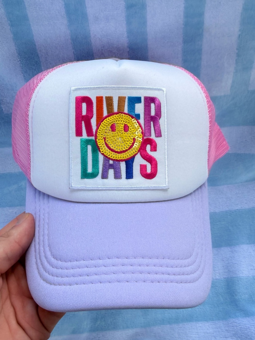 Women’s "River Days" Pink & Lavender Trucker Hat with Smiley Patch